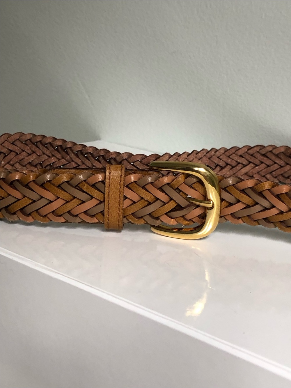 70s Boho Woven Brown Leather Belt with Gold Buckle Western Retro